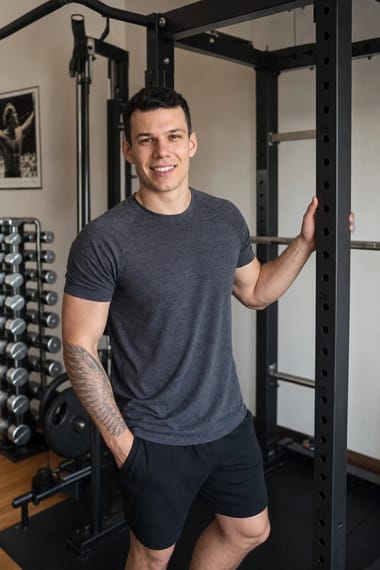 Tim Haaf, Sportwissenschaftler und Personal Trainer Tim Haaf bei der persönlichen Trainingsbetreuung im Wohnzimmer eines Kunden